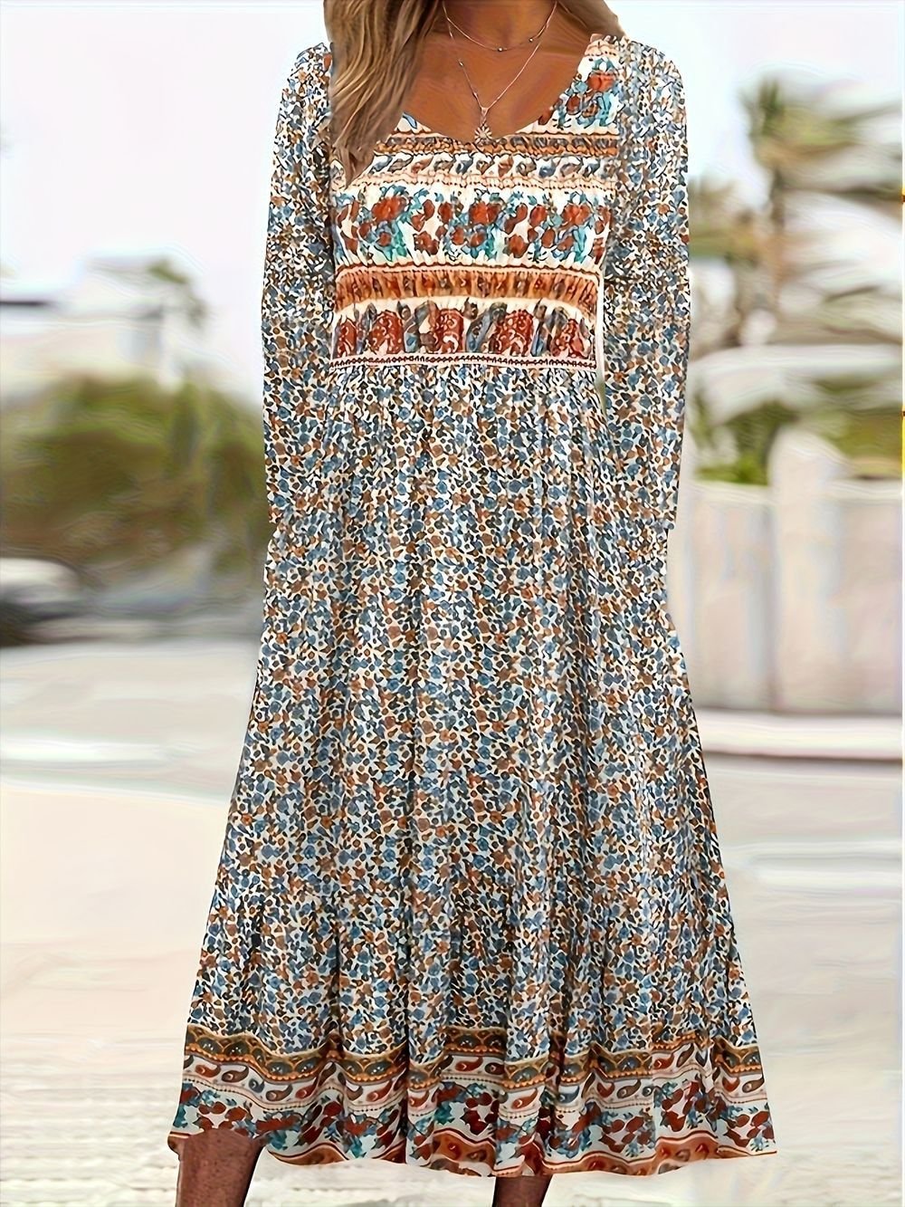 Floral Vintage Loose Crew Neck Dress With No