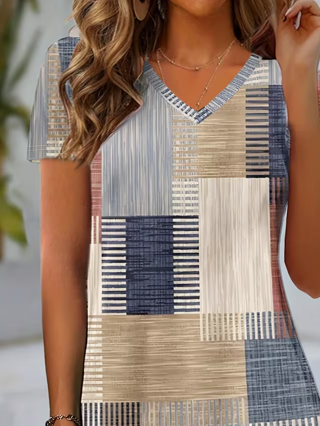 Women's Short Sleeve T-shirt Summer As Picture Abstract Printing V Neck Holiday Going Out Vintage Top