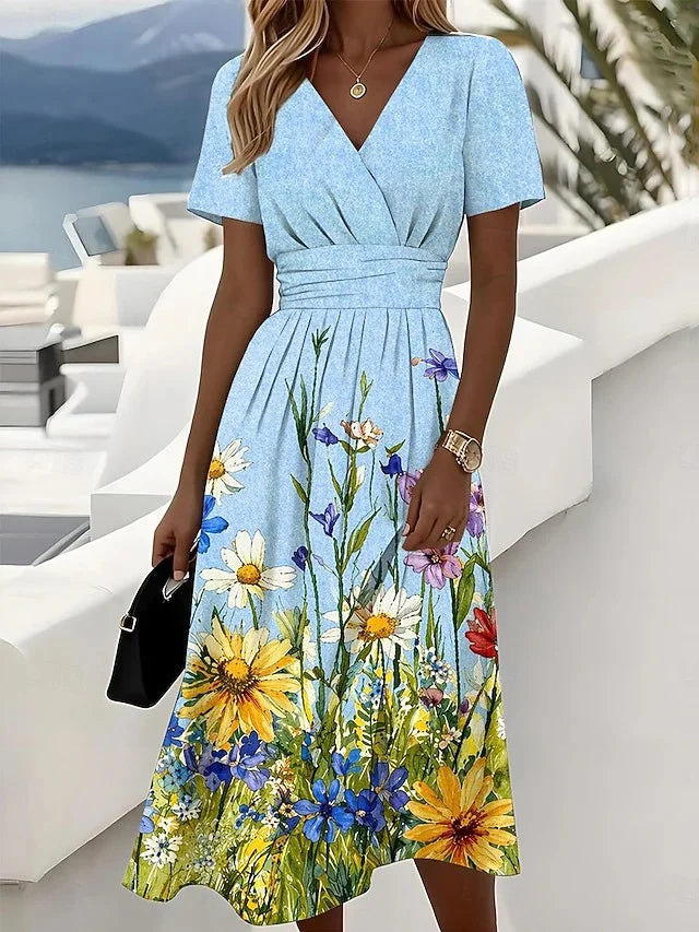 Elegant V Neck Floral Regular Fit Dress With No