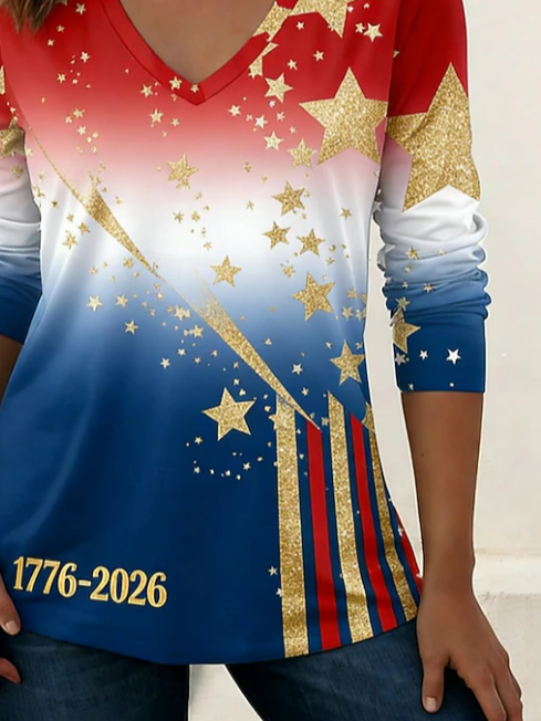 Women's Long Sleeve T-shirt Spring/Fall As Picture Independence Day (Flag) Printing V Neck Holiday Going Out Casual Top