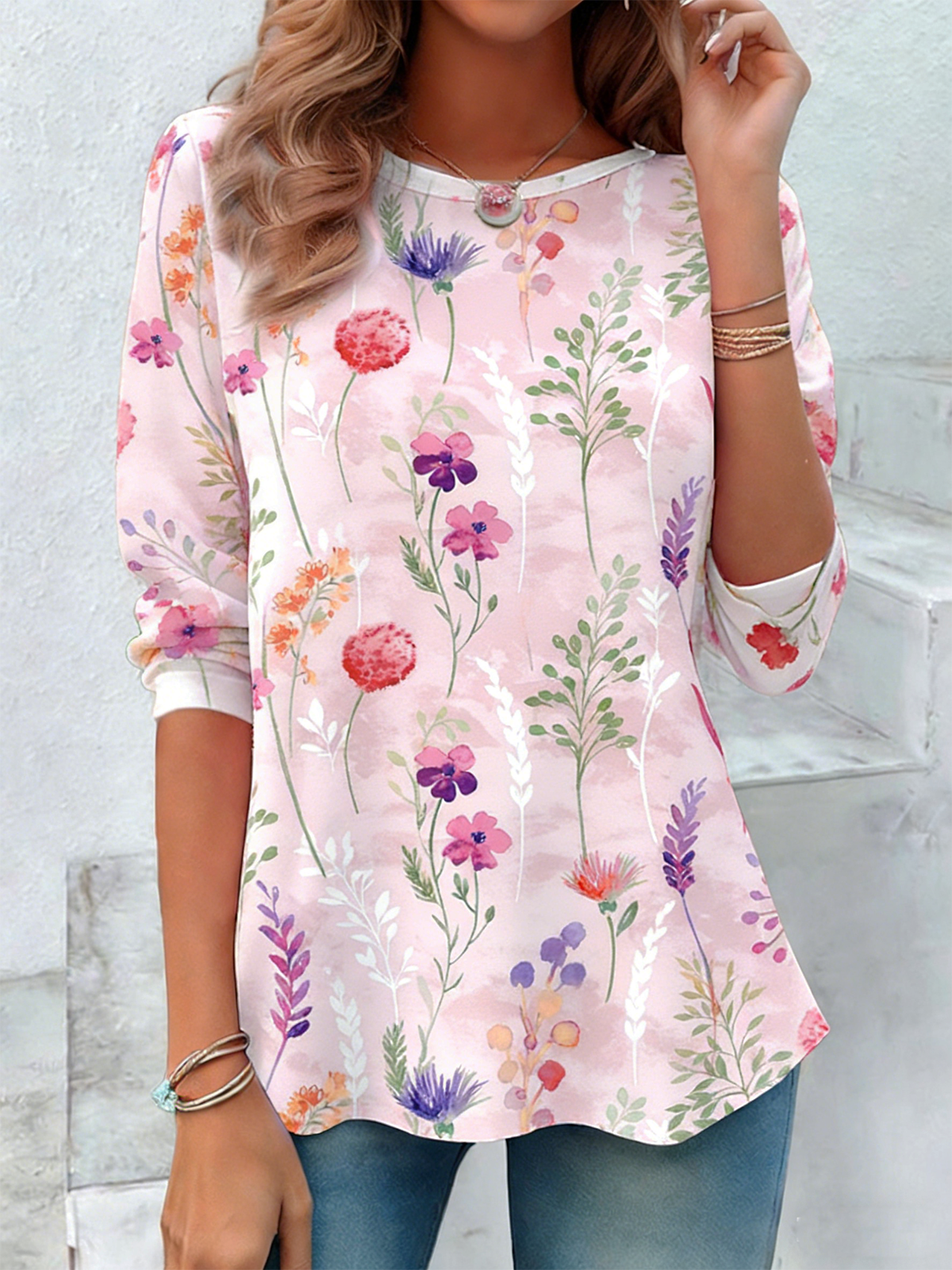Elegant Floral Loose Crew Neck T-Shirt
