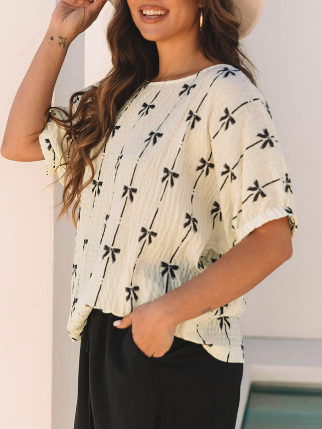 Bow Print Elegant Half Sleeve Crew Neck Top 3D Printing Casual Blouse