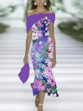 Women's Cap Sleeve Summer Purple Floral Printing Cold Shoulder Daily Going Out Vintage Maxi H-Line Dress