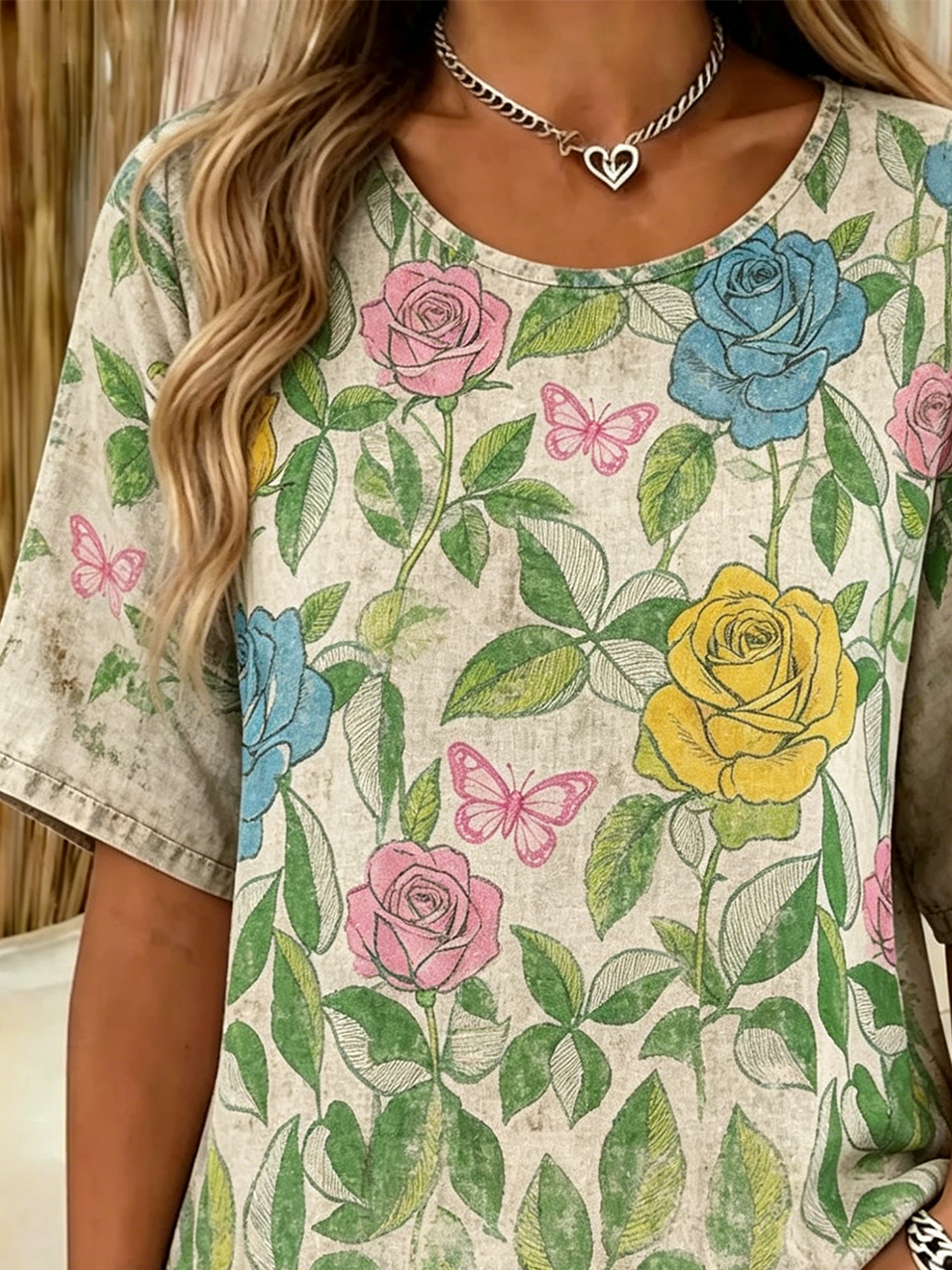 Loose Casual Floral Cotton-Blend T-Shirt