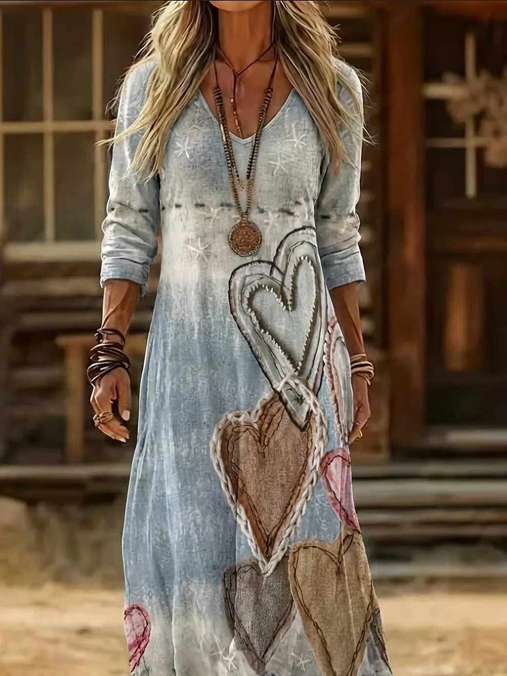 Women's Long Sleeve Spring/Fall Blue Heart/Cordate Printing V Neck Daily Going Out Vintage Maxi H-Line Dress
