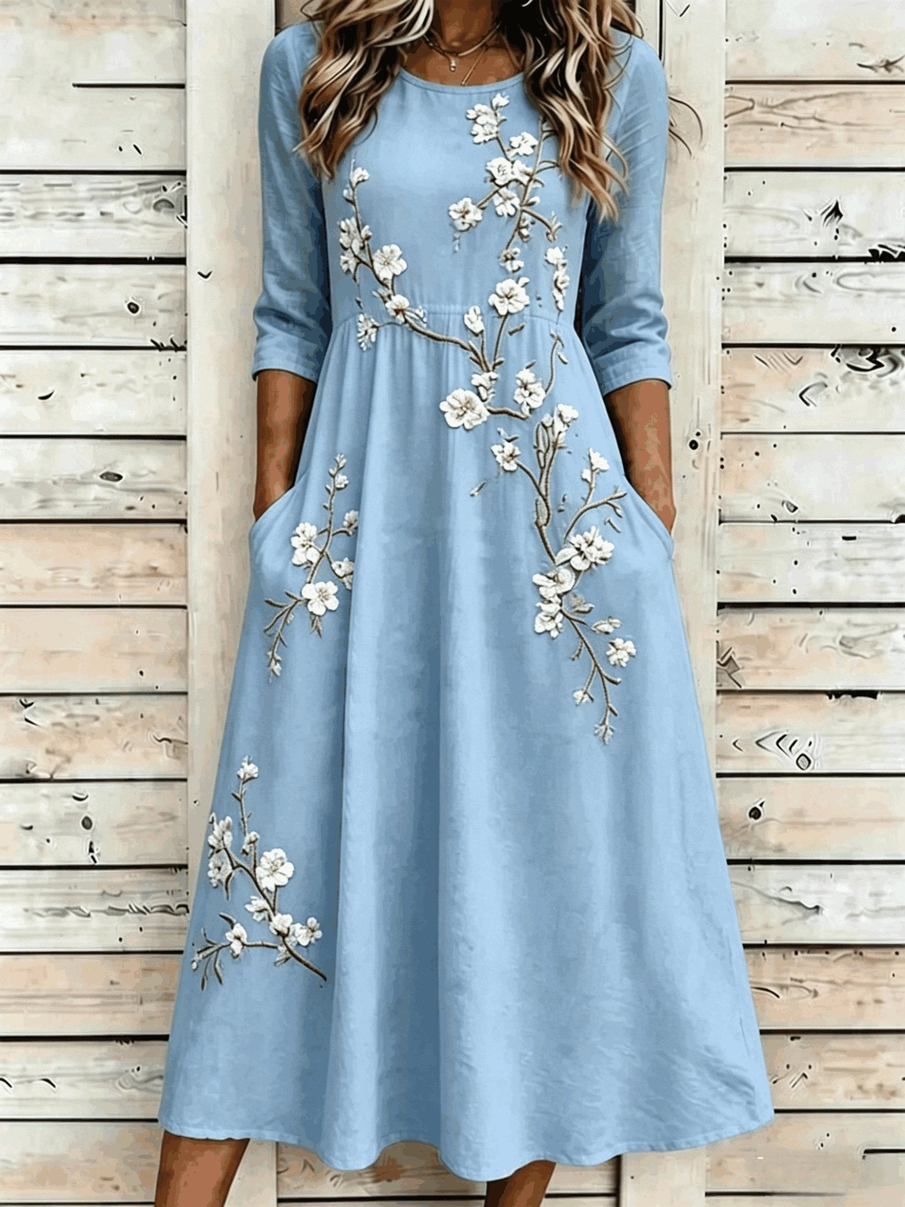 Green Floral Boho A-Line Midi Dress with Flattering Short Sleeves