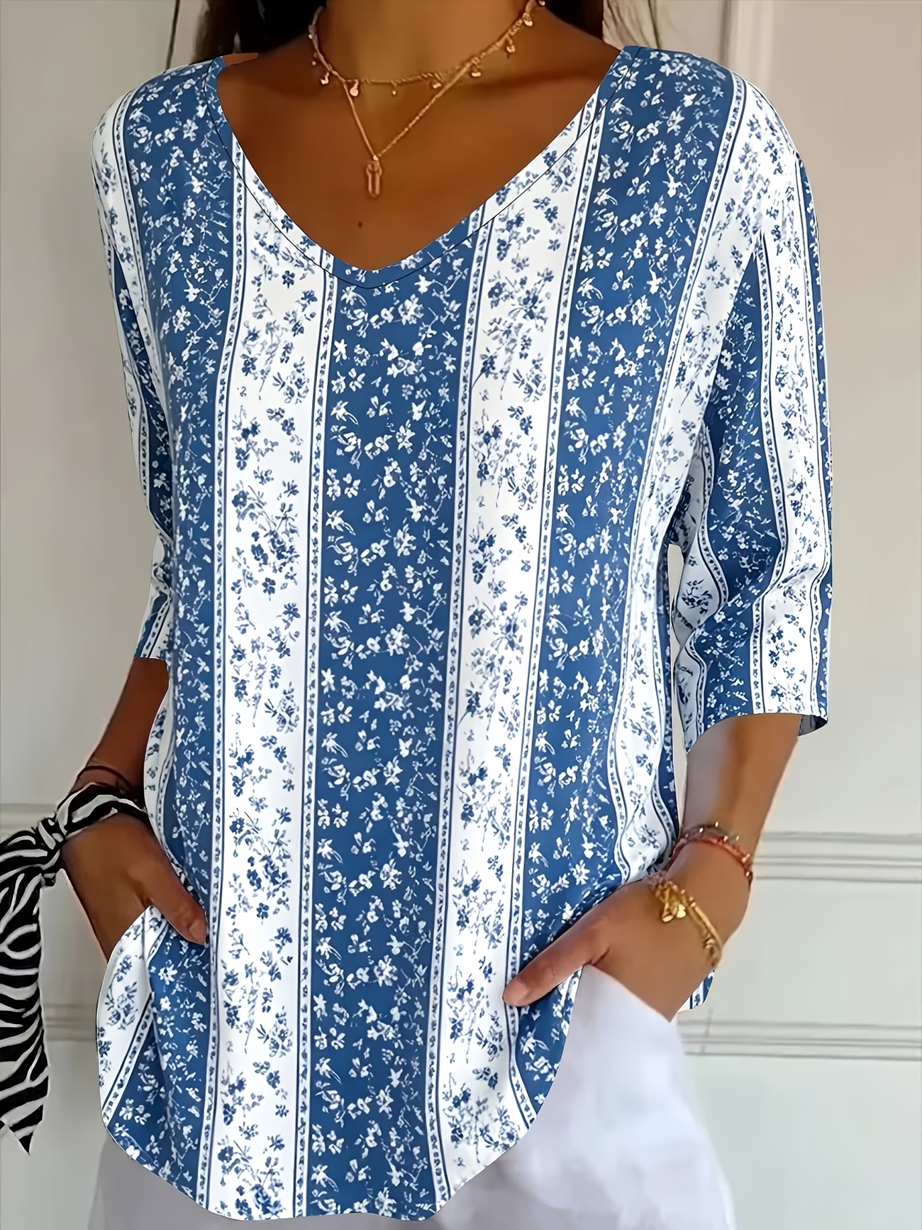 Women's Three Quarter Sleeve T-shirt Spring/Fall Blue Floral Printing V Neck Daily Going Out Casual Top