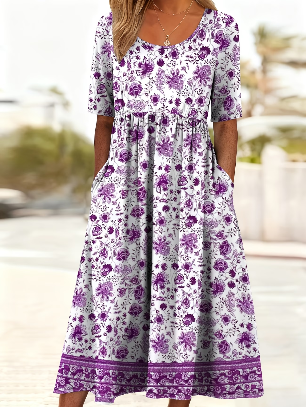 Women's Short Sleeve Summer Blue Floral Printing Crew Neck Daily Going Out Casual Maxi H-Line Shift Dress Dress