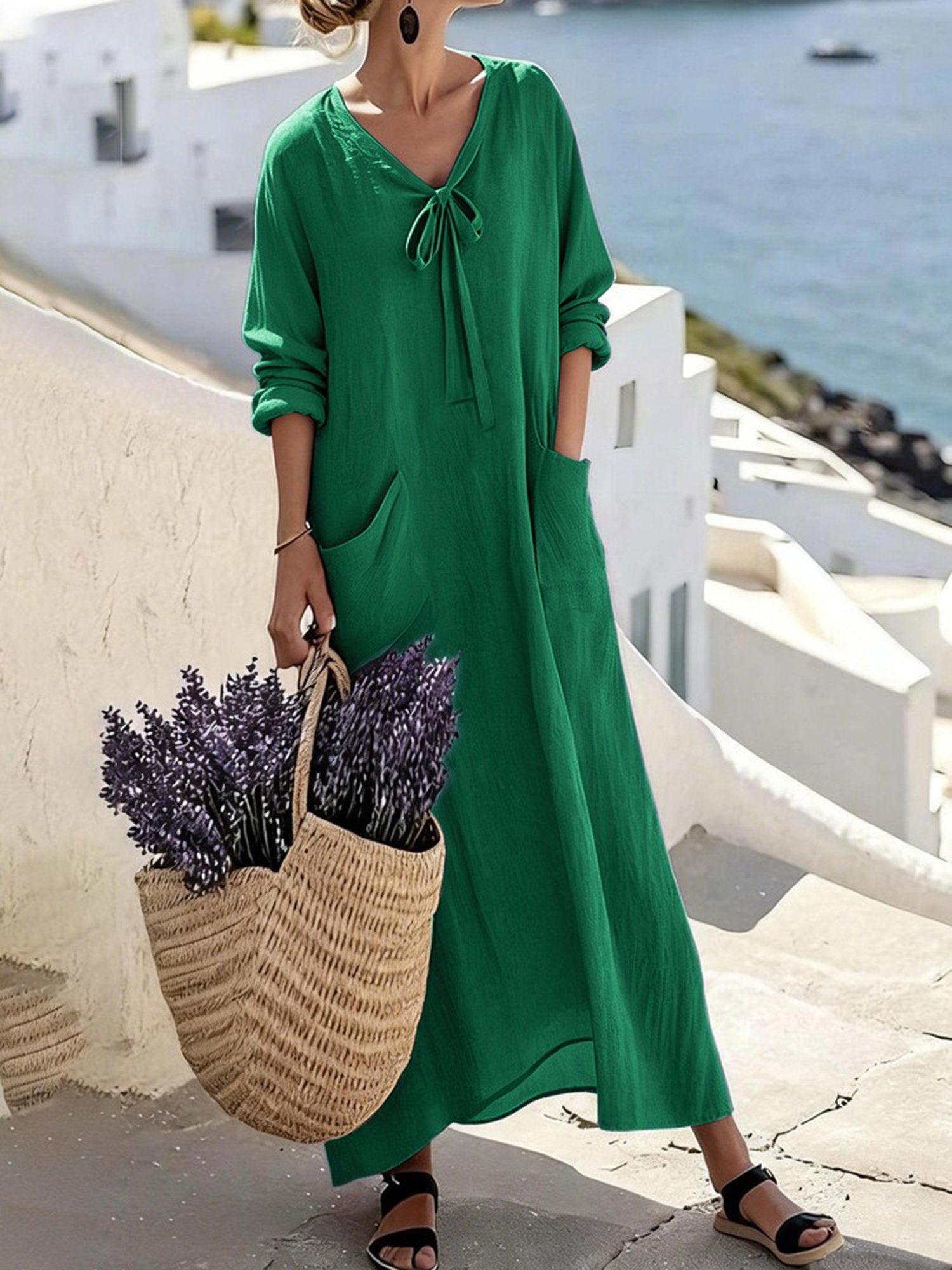 Casual Plain Lace-up V Neck Maxi Dress