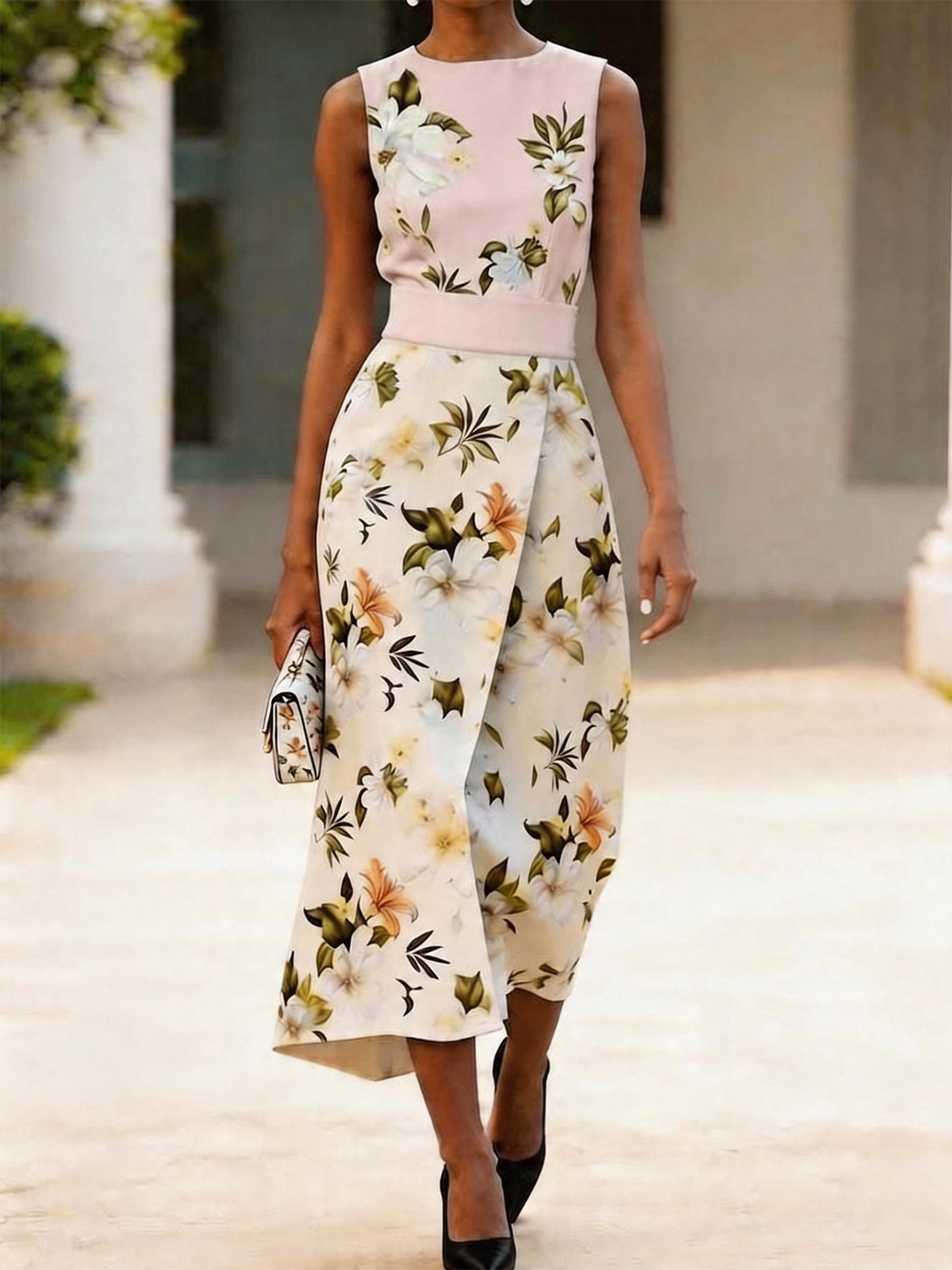 Blue & Cream Magnolia Floral Sleeveless Wrap Midi Dress