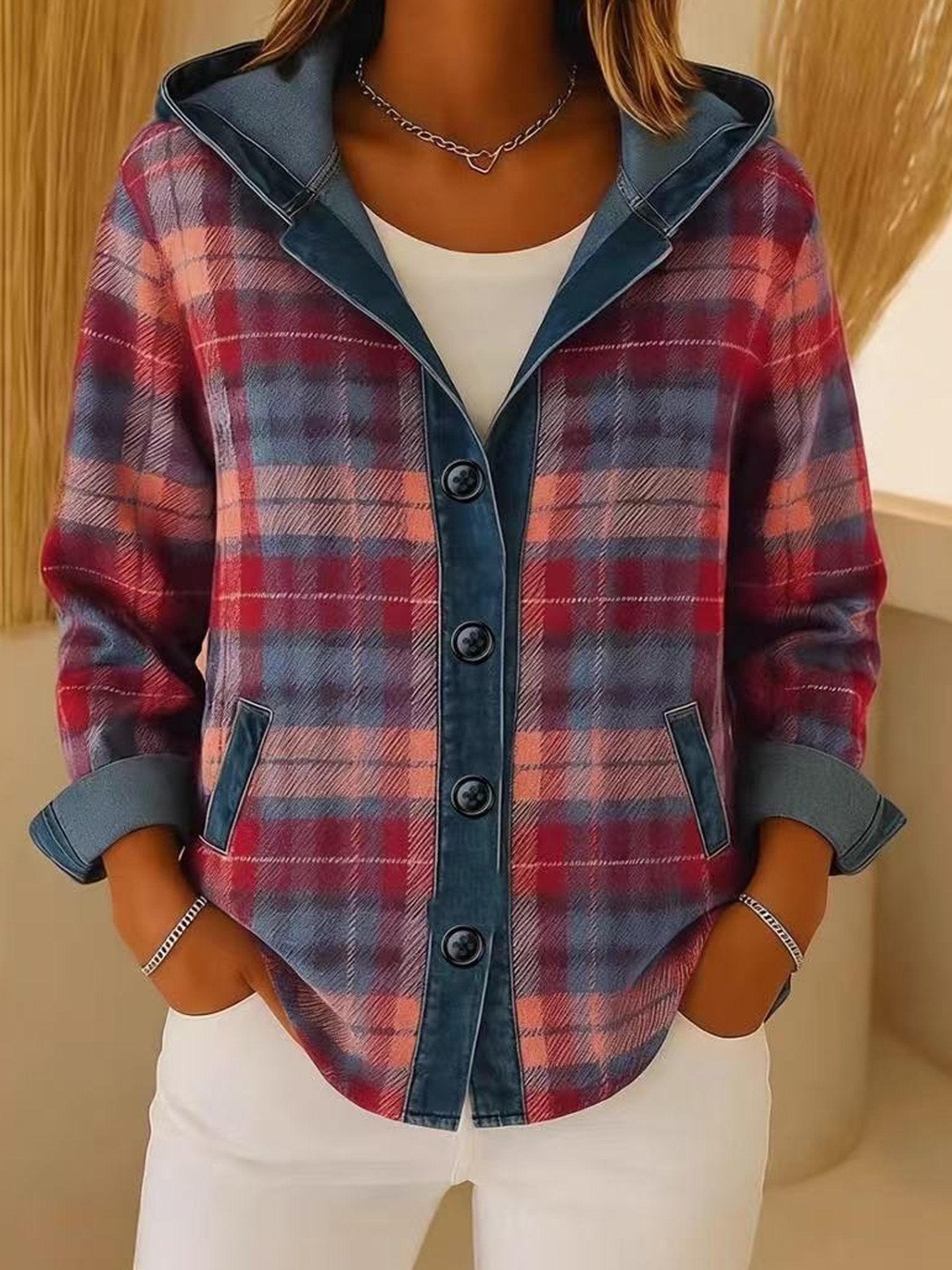 Plaid Color Block Denim Casual Loose Long Sleeve Button Cardigan with hooded Going Out Casual Hoodie