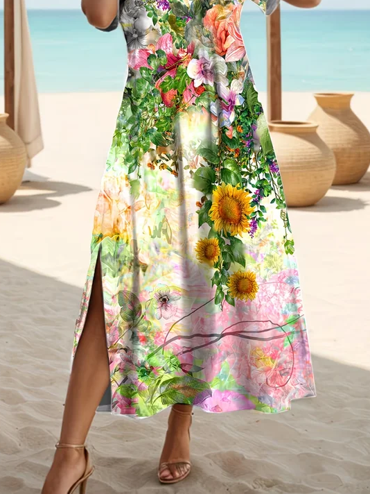 Women's Short Sleeve Summer As Picture Floral Printing Crew Neck Daily Going Out Casual Maxi H-Line T-Shirt Dress Dress
