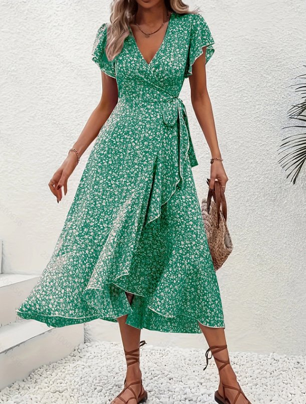 V Neck Ditsy Floral Regular Fit Elegant Dress With No