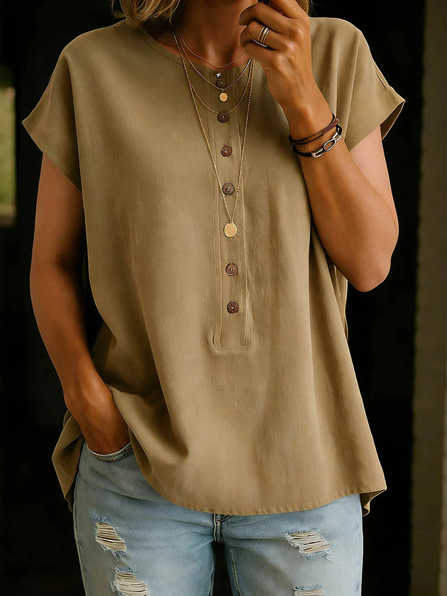 Plain Round Neck Short Sleeve Button Spring Summer Casual Blouse
