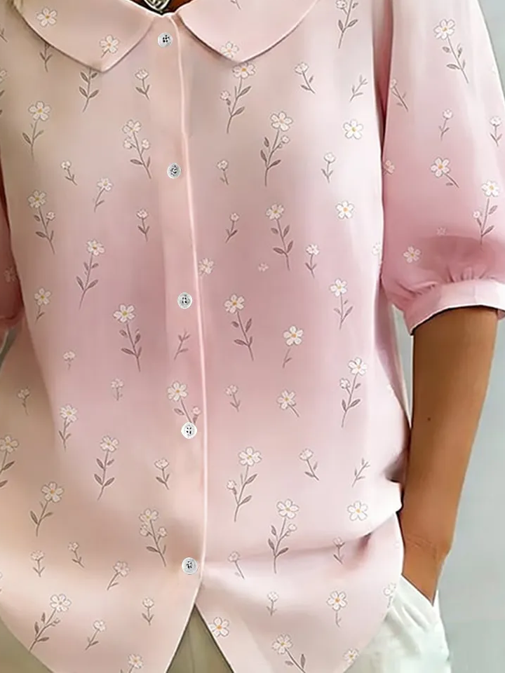 Women's Half Sleeve Shirt Summer Pink Floral Printing Shawl Collar Daily Going Out Casual Top