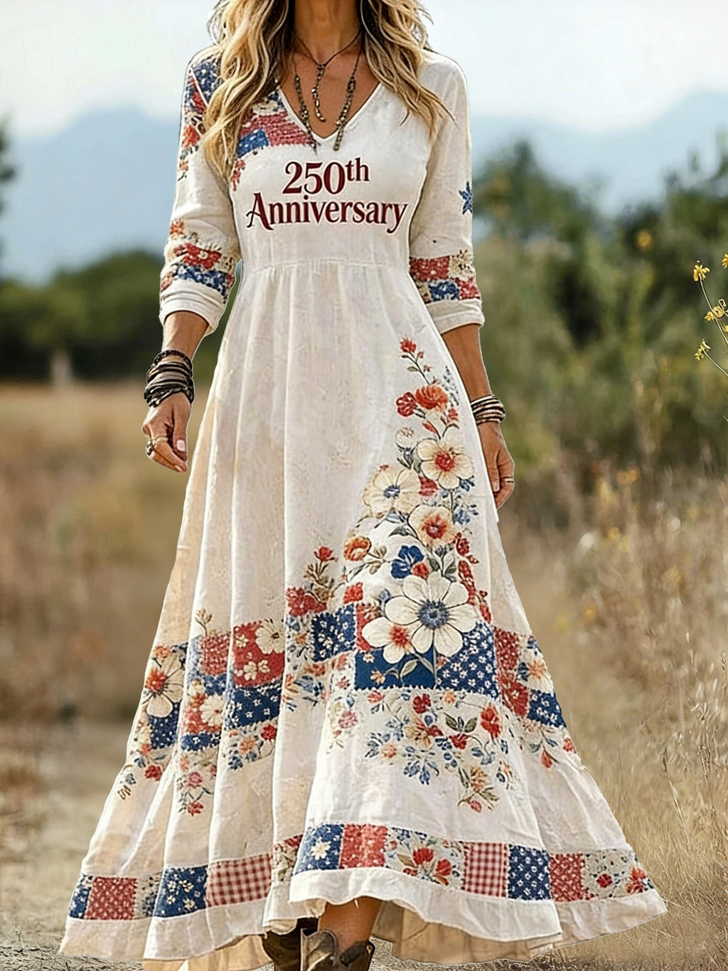 Women America Flag Spring Summer Dress Floral V Neck A-Line 250th Anniversary Letter Pattern Vintage Maxi Dress