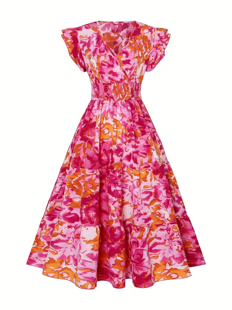 Abstract Foloral Print V Neck Ruffle Sleeve Smock Vacation Summer Going Out Maxi Dress