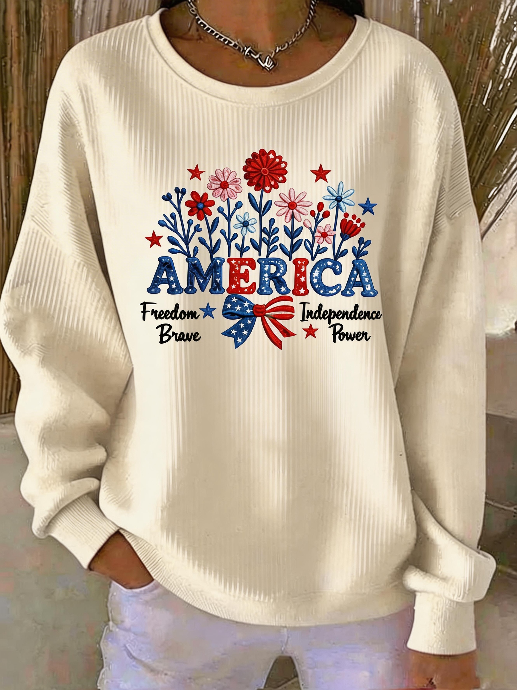 Patriotic Floral 'AMERICA' Ribbed Sweatshirt