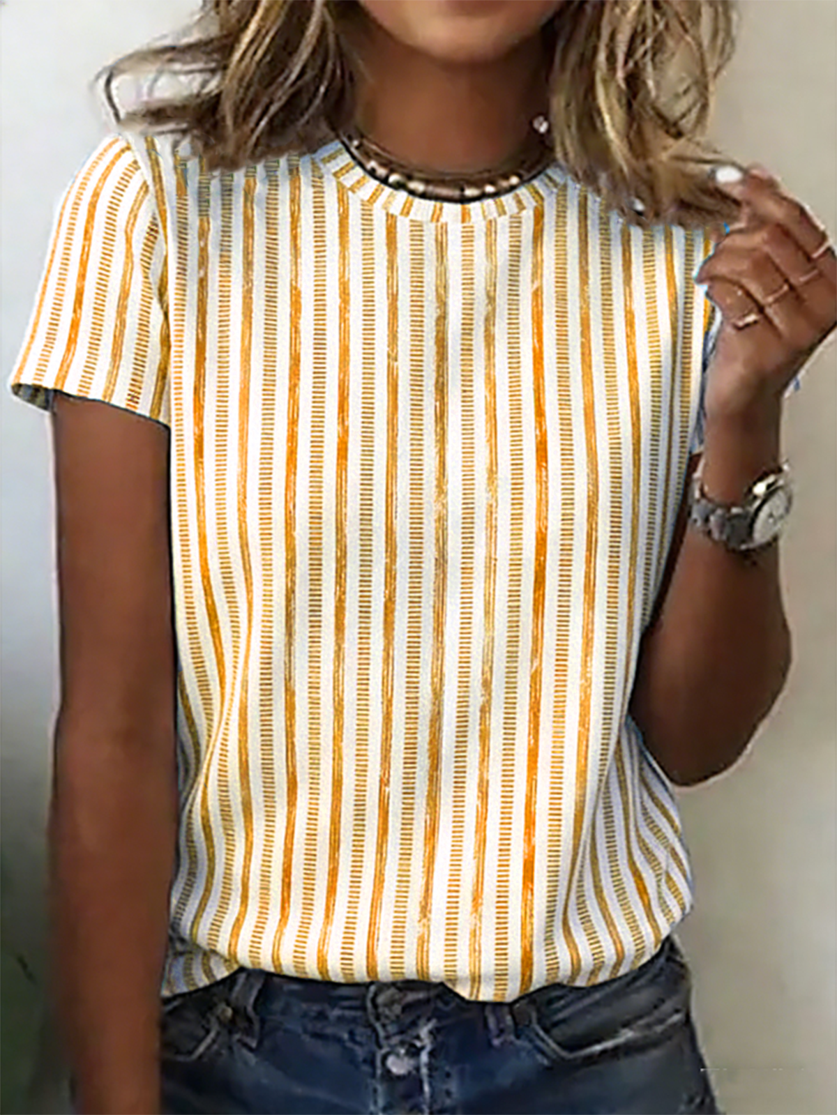 Brushstroke Stripe Print Crew Neck Short Sleeve Casual T-Shirt