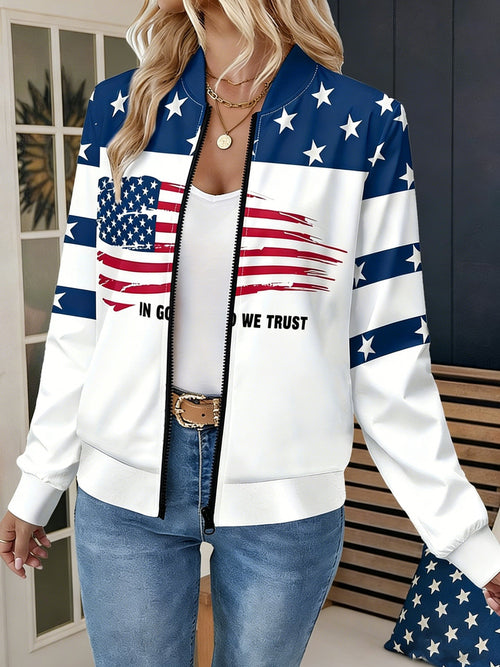 3D Printing America Flag Round Neck Zipper Casual Jacket