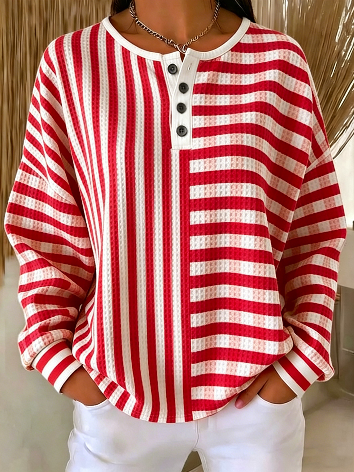 Waffle Textured Plaid & Stripe Color Block Henley Sweatshirt