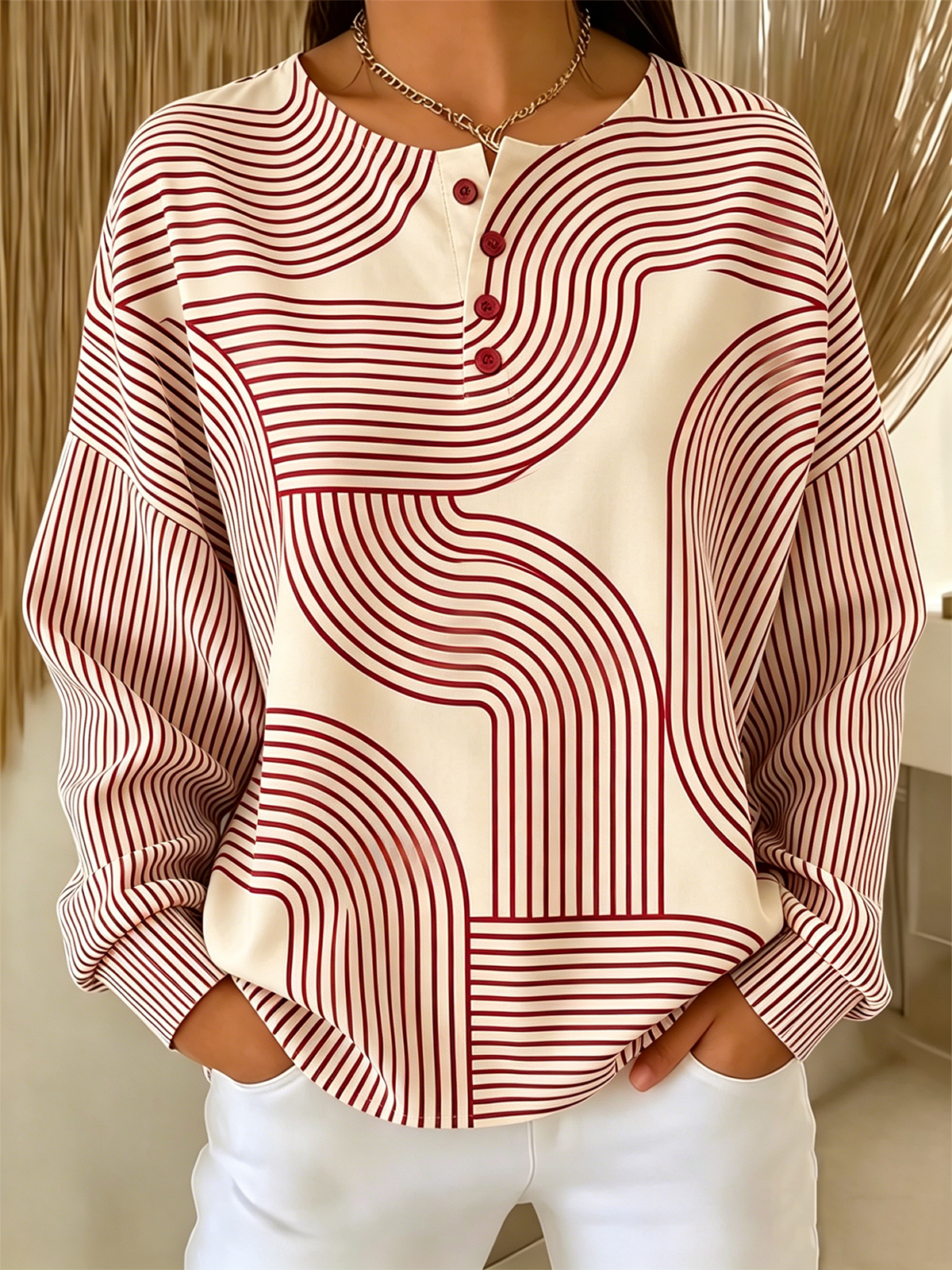 Abstract Geometric Stripe Print Henley Neck Long Sleeve Casual Sweatshirt