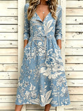 Botanical Print Half Sleeve Round Neck Button A-Line Vintage Casual Dress