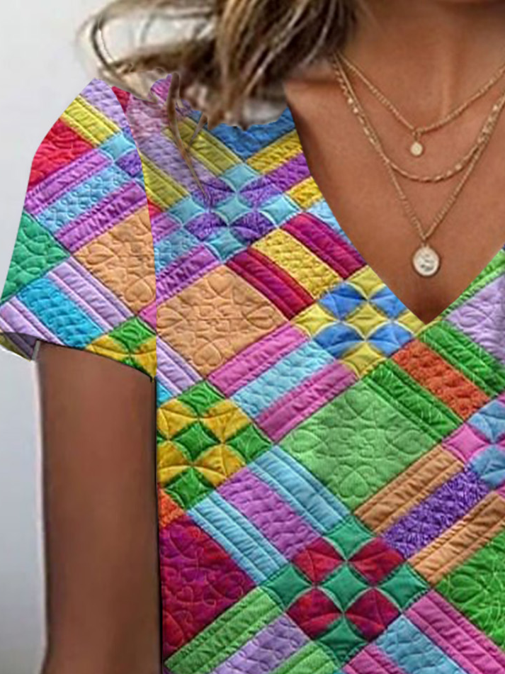 Women's Geometric Print Casual Short Sleeve V-Neck T-Shirt