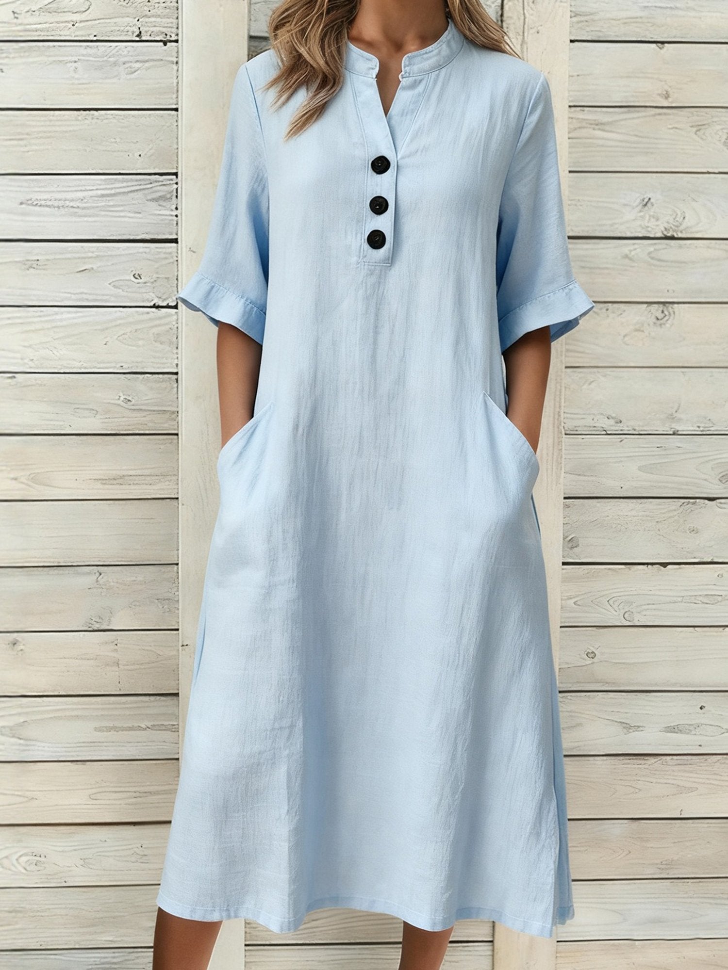 Casual Plain Stand Collar Midi Dress