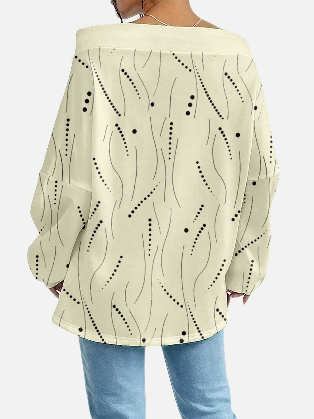 Women's Sweatshirt With Striped Polka Dot Pattern Fashionable And Everyday Off-The-Shoulder Drawstring Top