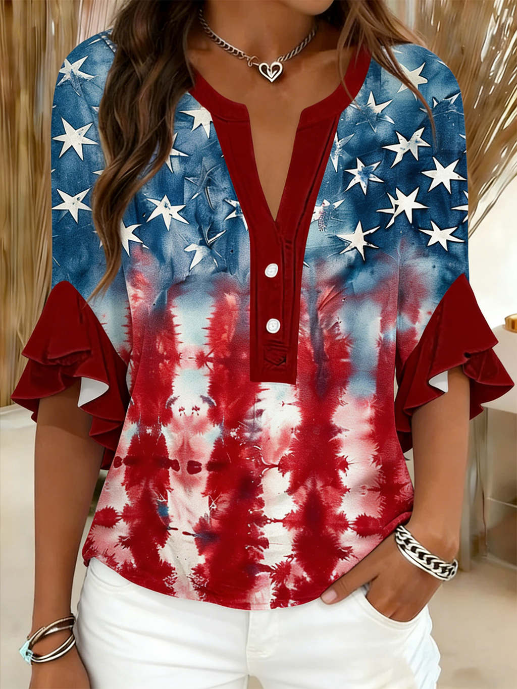 Women's V-Neck Multi-Layered Lace Design Shirt