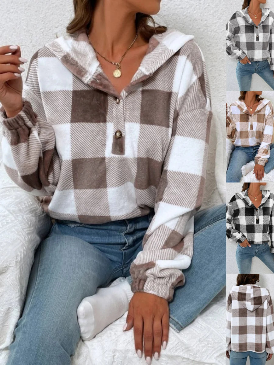 Flannel Autumn And Winter New Plaid Half-open Collar Buttoned Hooded Plush Loose Casual Printing Urban Loose Sweatshirt