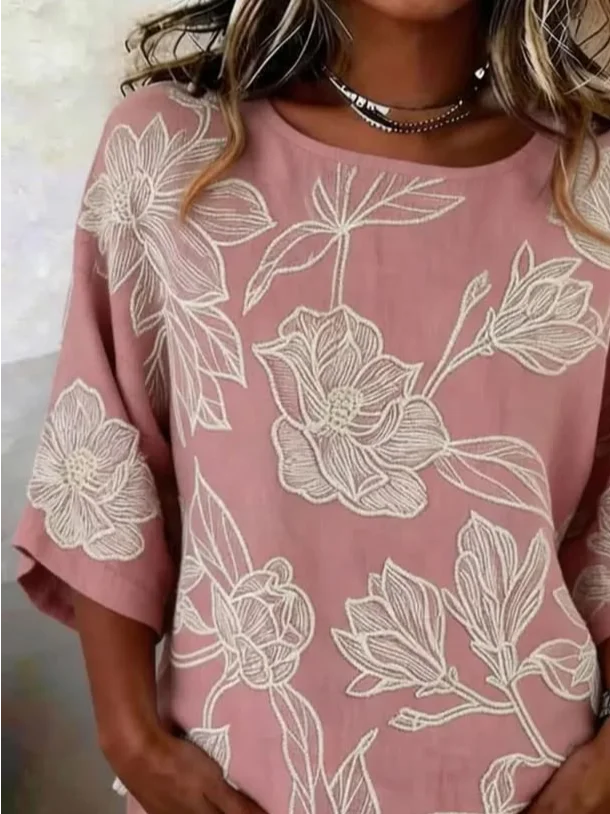 Women's Half Sleeve Blouse Summer Pink Floral Printing Crew Neck Daily Going Out Vintage Top
