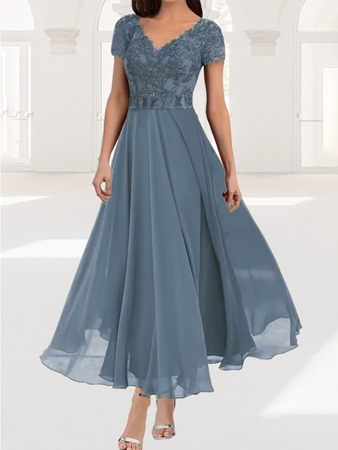 Women's Short Sleeve Summer Plain Lace V Neck Elegant Maxi X-Line Wedding Guest Mother of the Bride Formal Dress