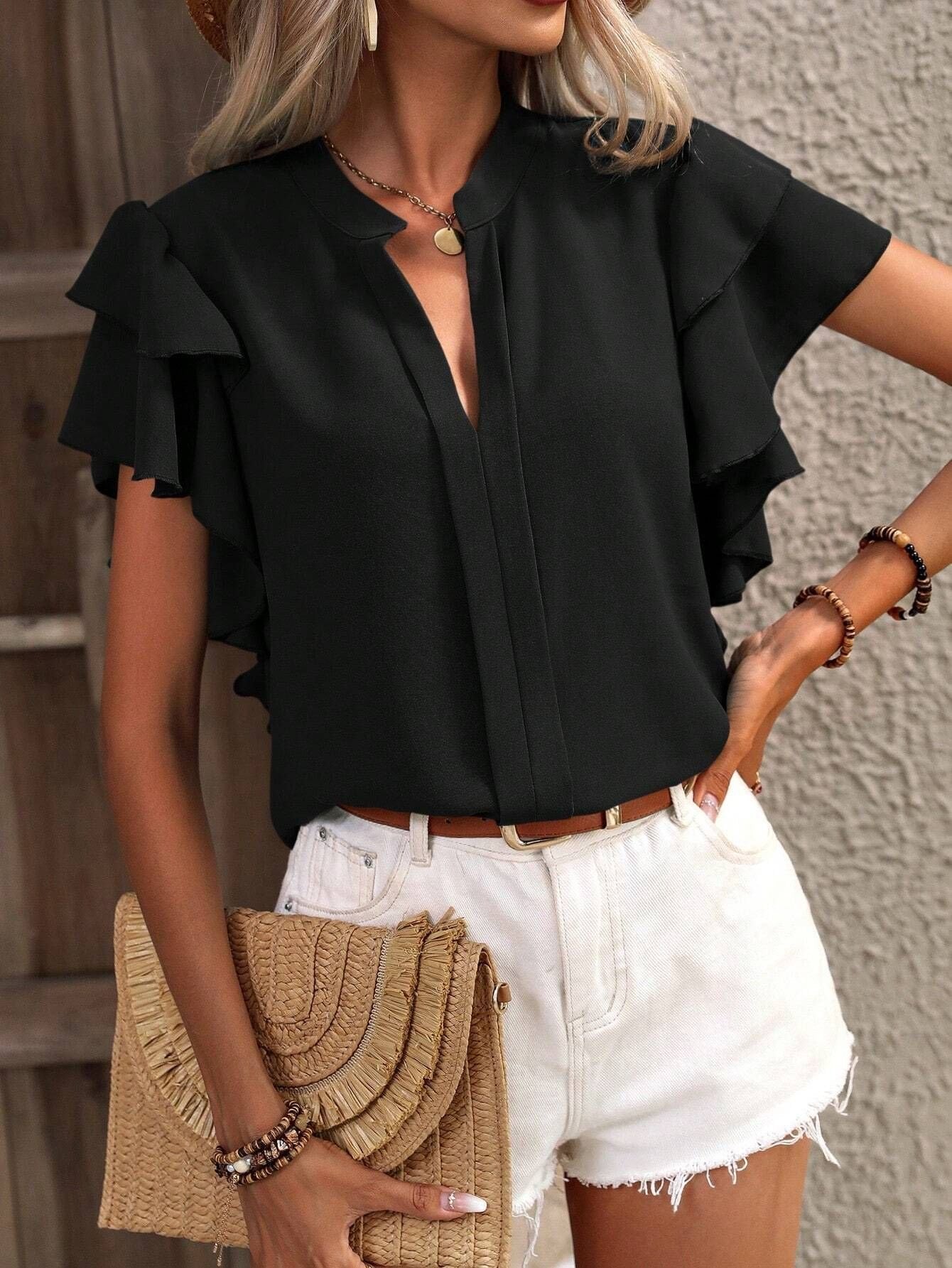 Plain Ruffle Sleeve Elegant Others Loose Shirt