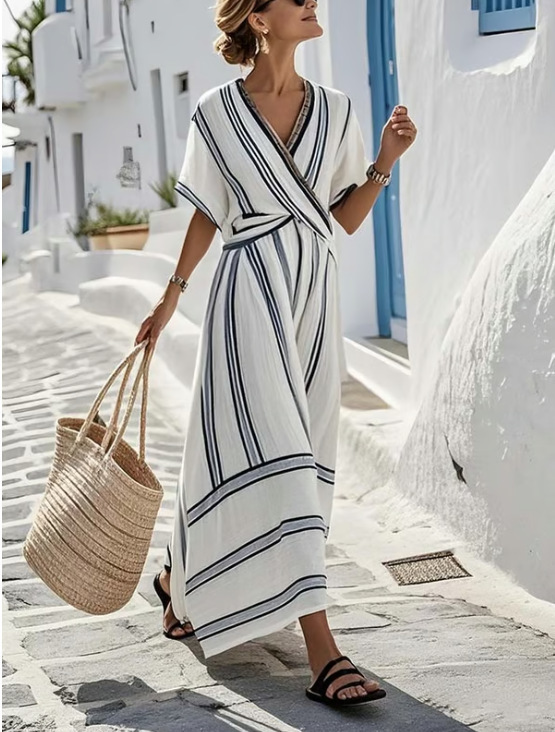 Abstract Stripe Cross V-neck Design Short Sleeve Summer Going Out Boho Maxi Dress