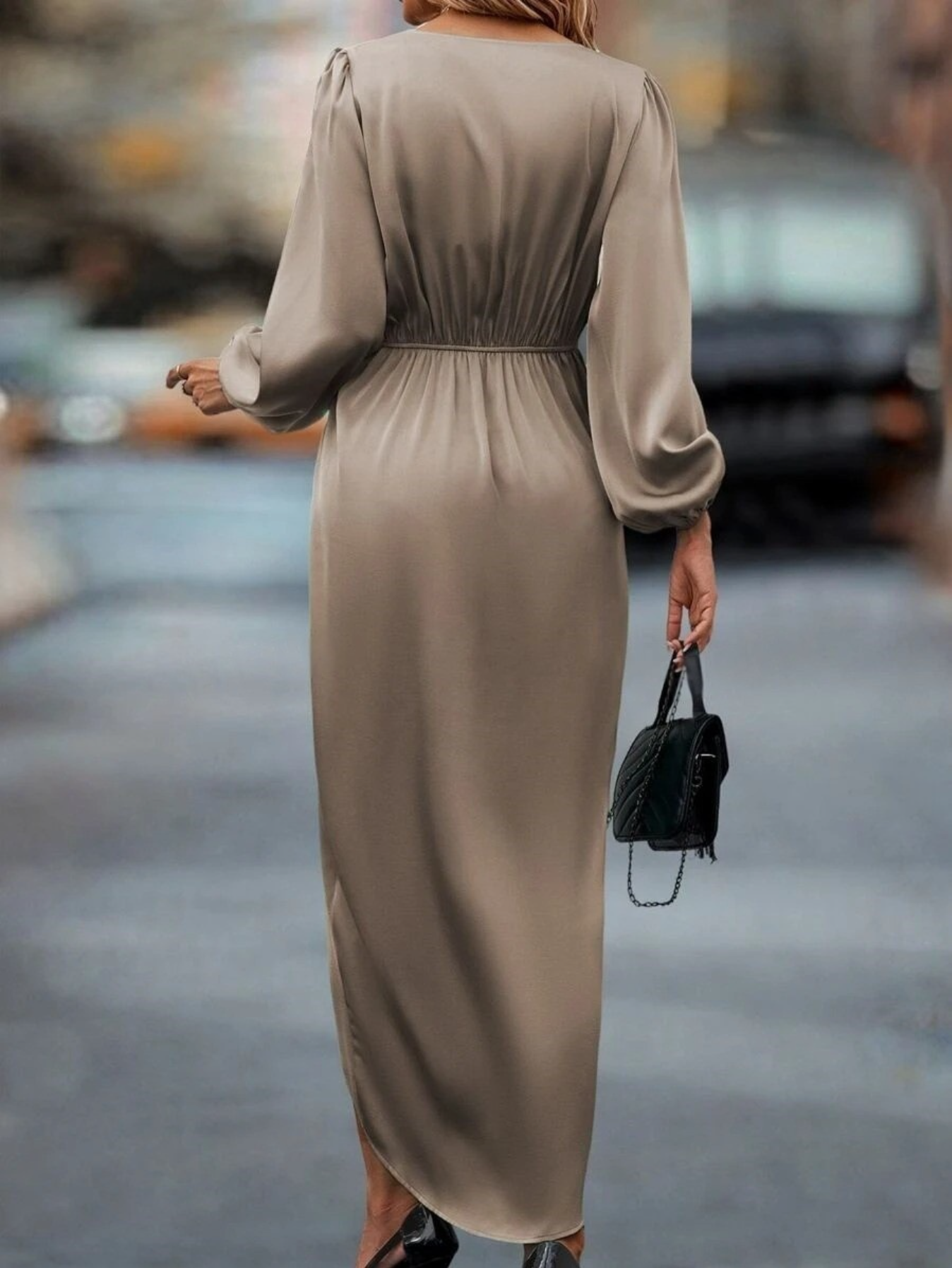 Stain Plain V Neck Long Sleeve Elegant Irregular Maxi Dress