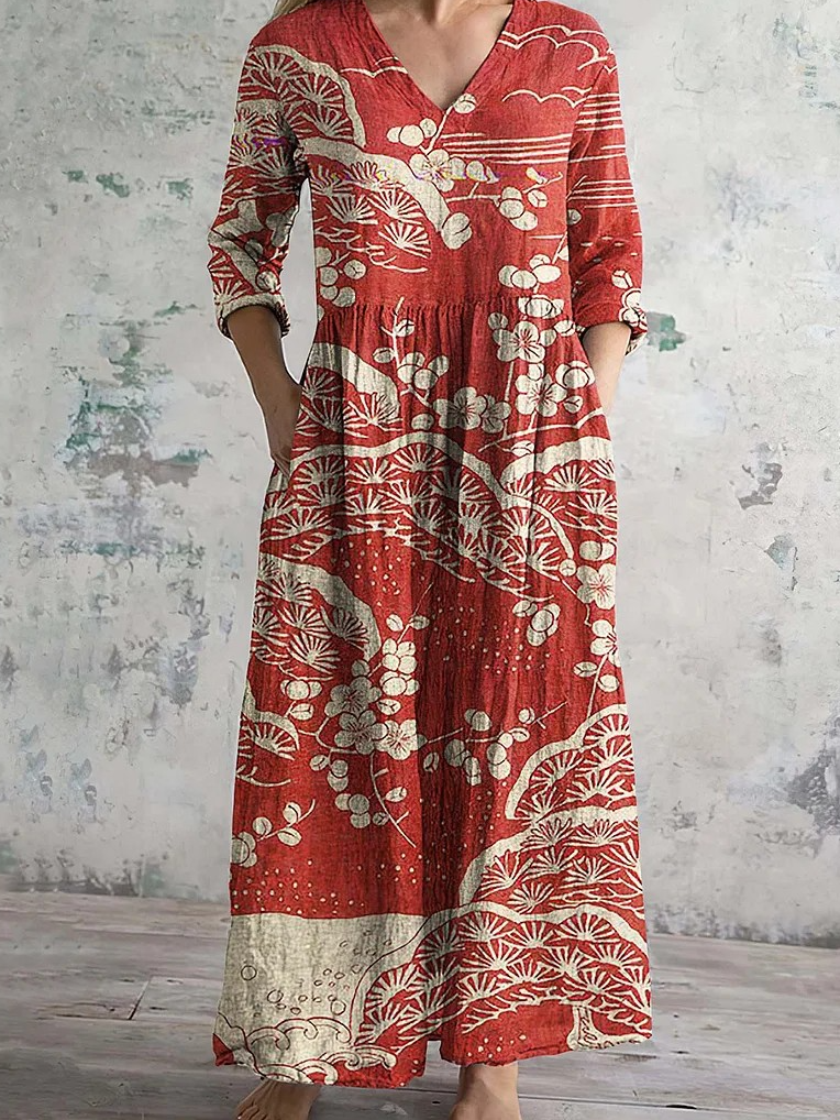 Vintage Japanese Floral Art Printed Casual Midi Dress