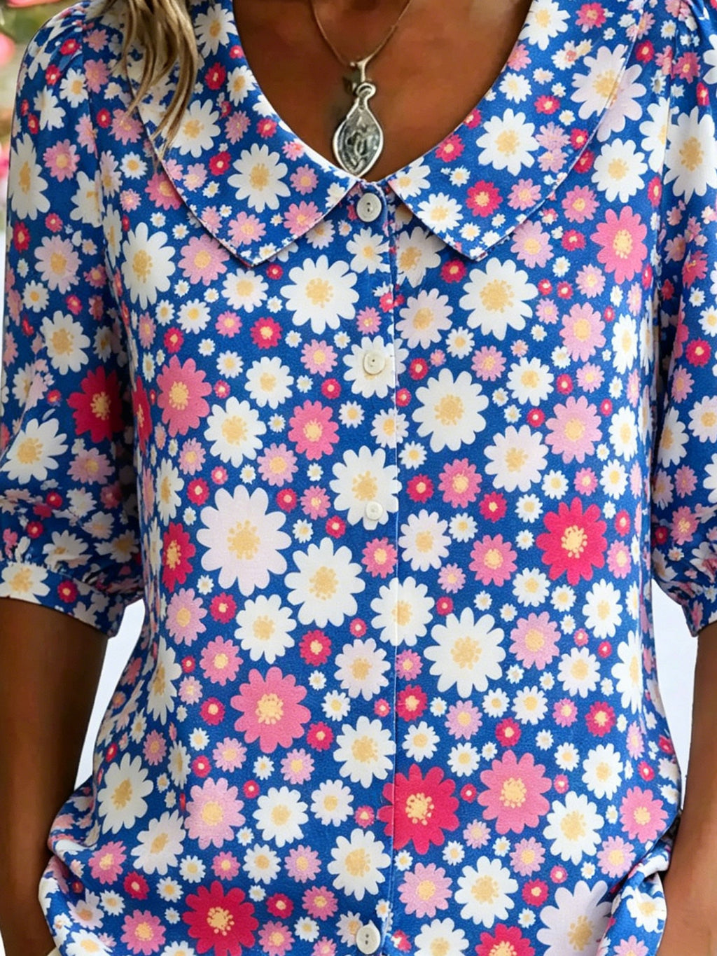 3D Printing Linen Blend Floral Shawl Collar Button Loose Casual Shirt