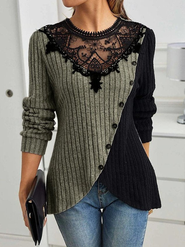 Slim Fit Lace Round Neck Color Matching Ribbed Cross Hem Long Sleeve Knitted Elegant Commuter T-Shirt Top