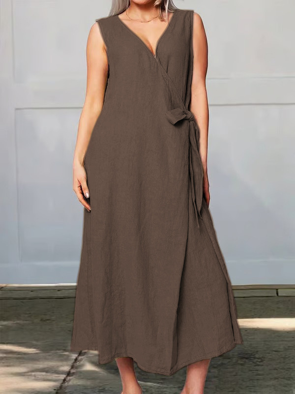 Casual Plain Cross Neck Midi Dress