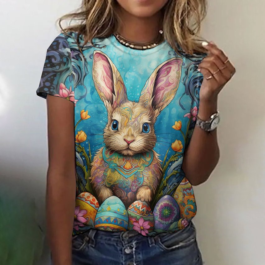 Retro style cute rabbit print short sleeved T-shirt