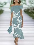 Women's Cap Sleeve Summer Cyan Floral Printing Cold Shoulder Daily Going Out Vintage Maxi H-Line Dress