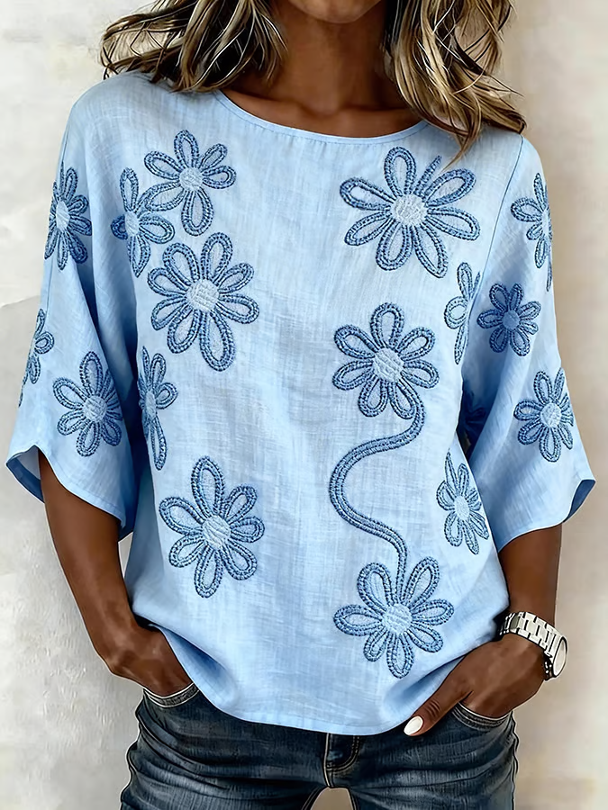 Women's Half Sleeve Blouse Summer Blue Floral Printing Crew Neck Daily Going Out Vintage Top