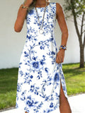Floral Print Sleeveless Crew Neck Cotton Casual Dress