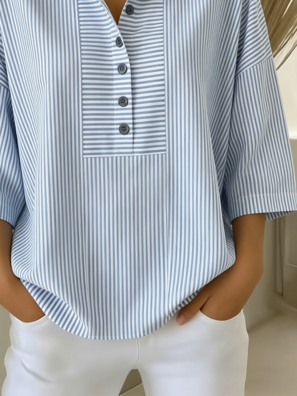 Crew Neck Striped Elegant Loose Shirt