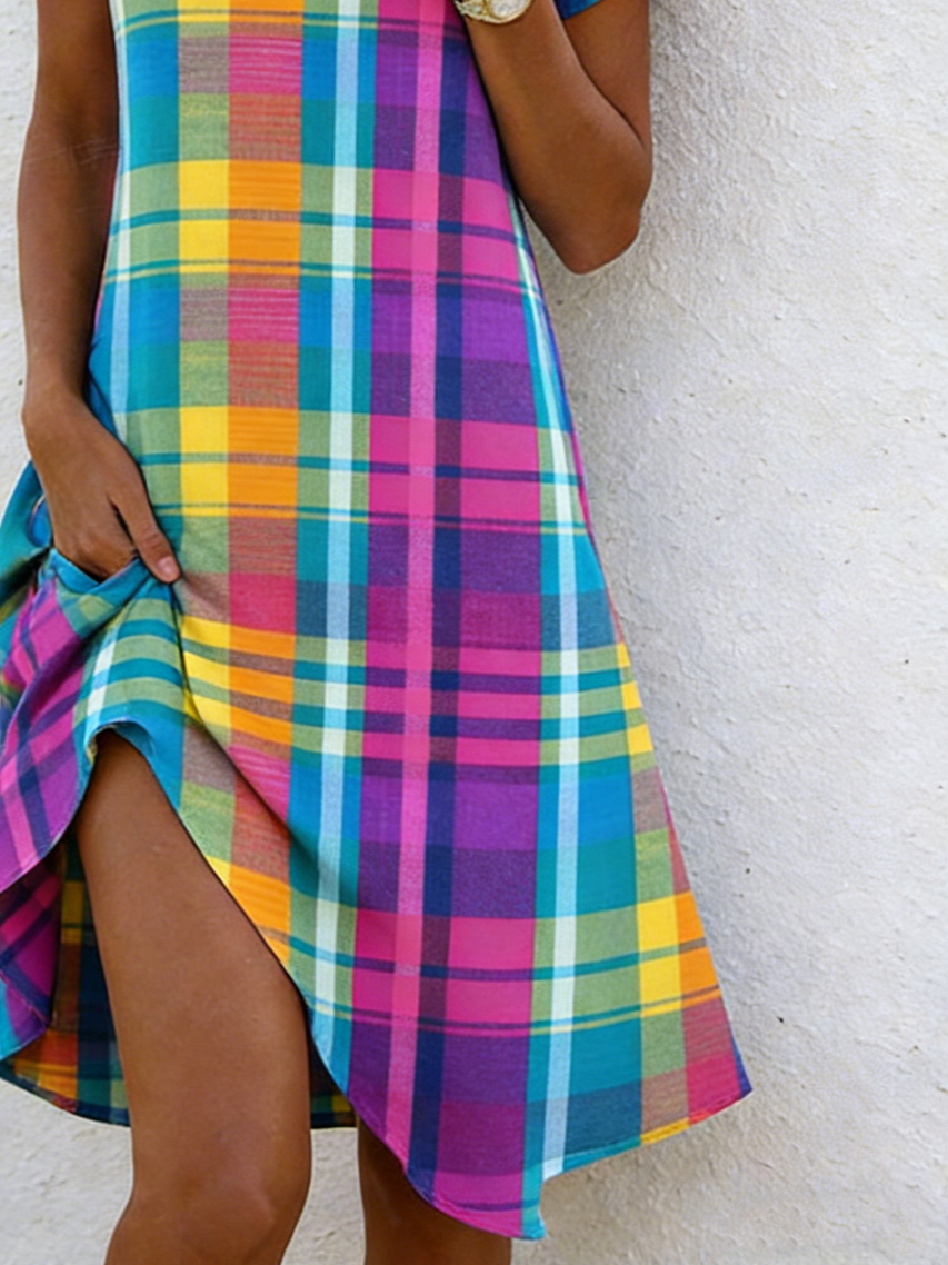 Loose Casual Plaid Shawl Collar Shirt Dress With No