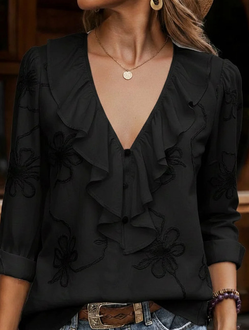 Women Ruffle V Neck Embroidery Patterns Spring Summer Going Out Elegant Blouse