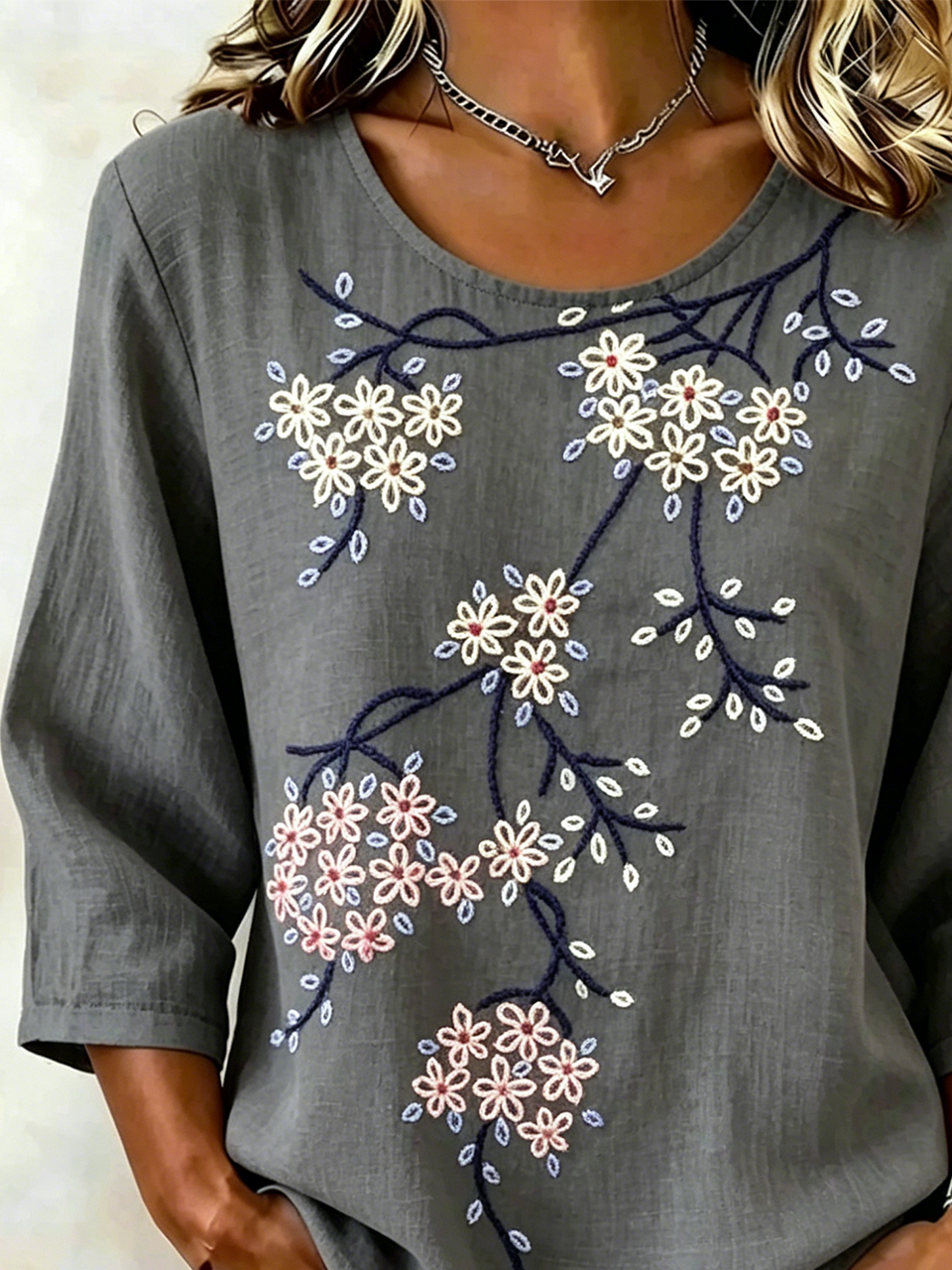 Cotton And Linen Floral Crew Neck Vintage Shirt