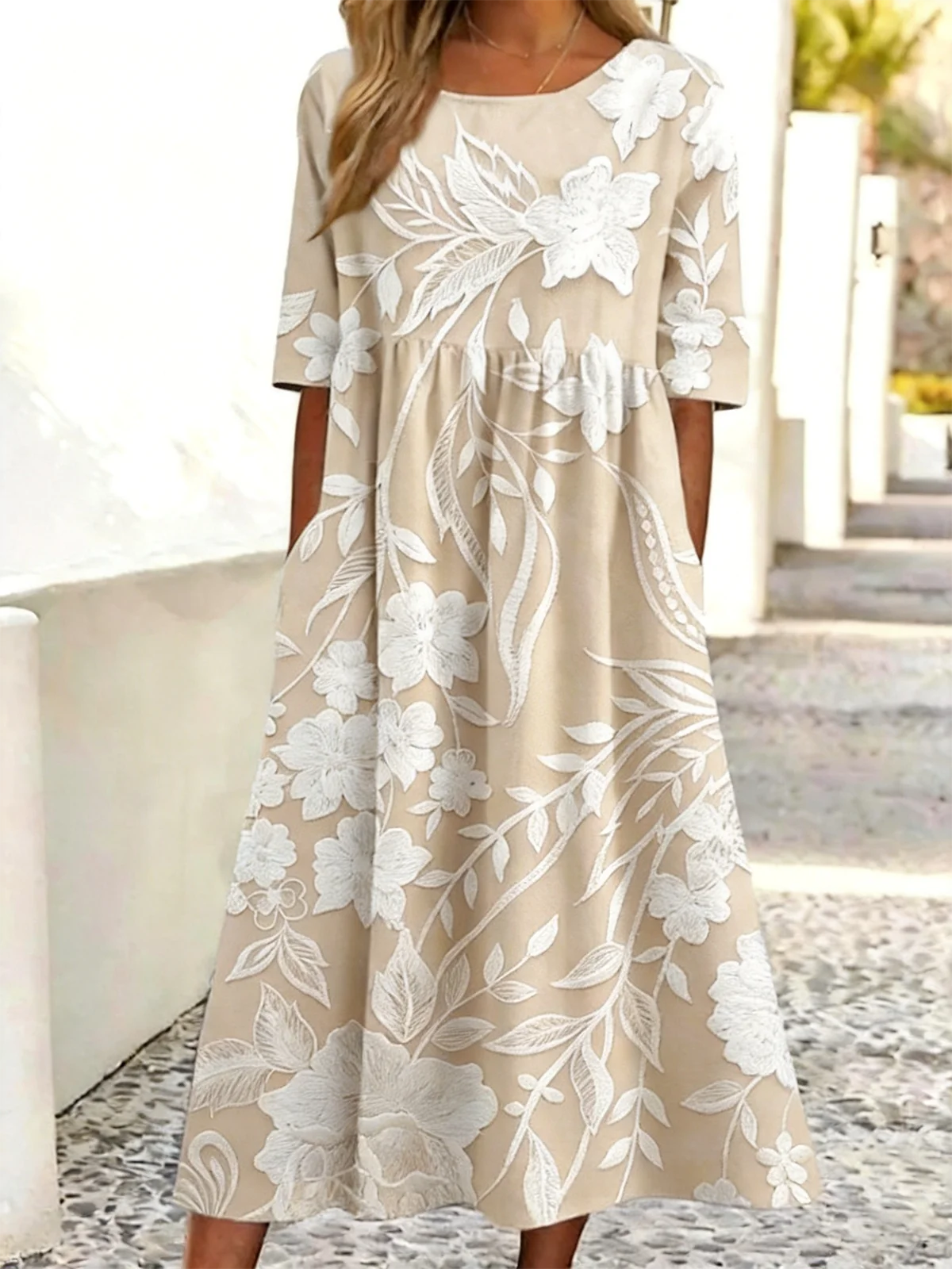 Women's Floral Print Maxi Dress Round Neck Half Sleeve Casual A-Line Dress with Pockets